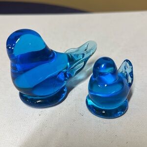 Bluebird of Happiness Signed Leo Ward Blue Glass Bird parent and baby